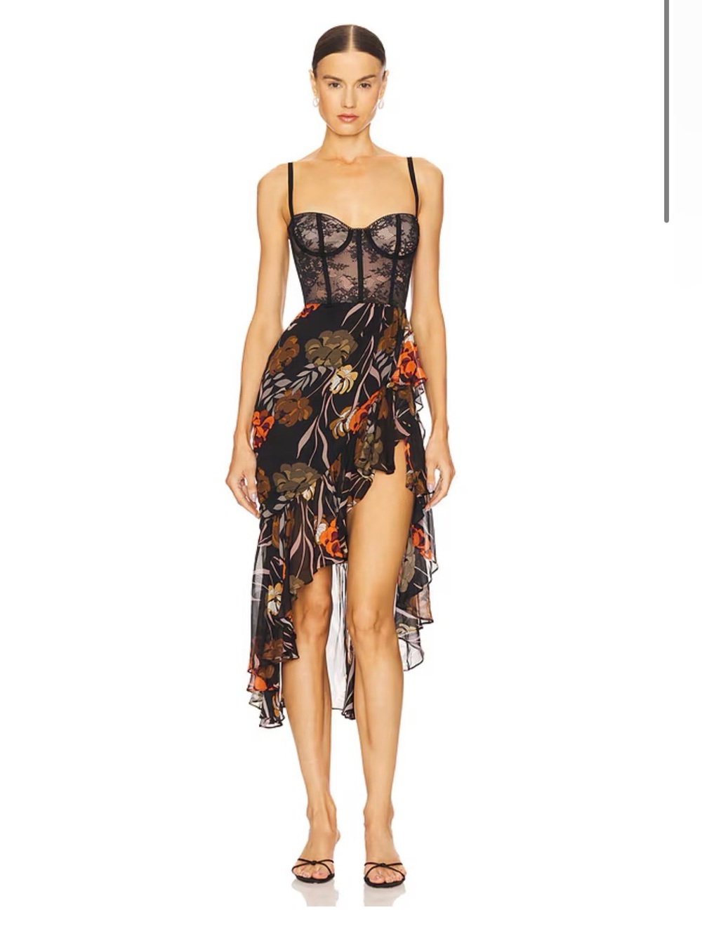 Katie May take a sip Black 70s Lace Bustier Floral Dress • XS